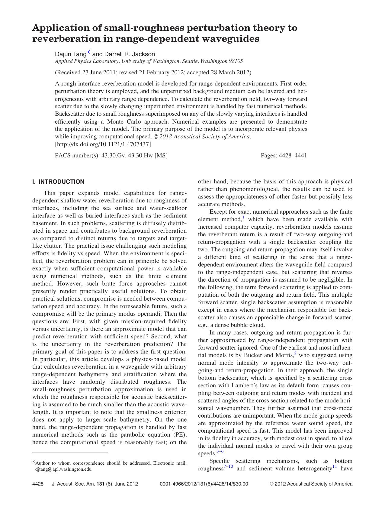 Application of small-roughness perturbation theory to reverberation in range-dependent waveguides by Dajun Tanga) and Darrell R. Jackson
