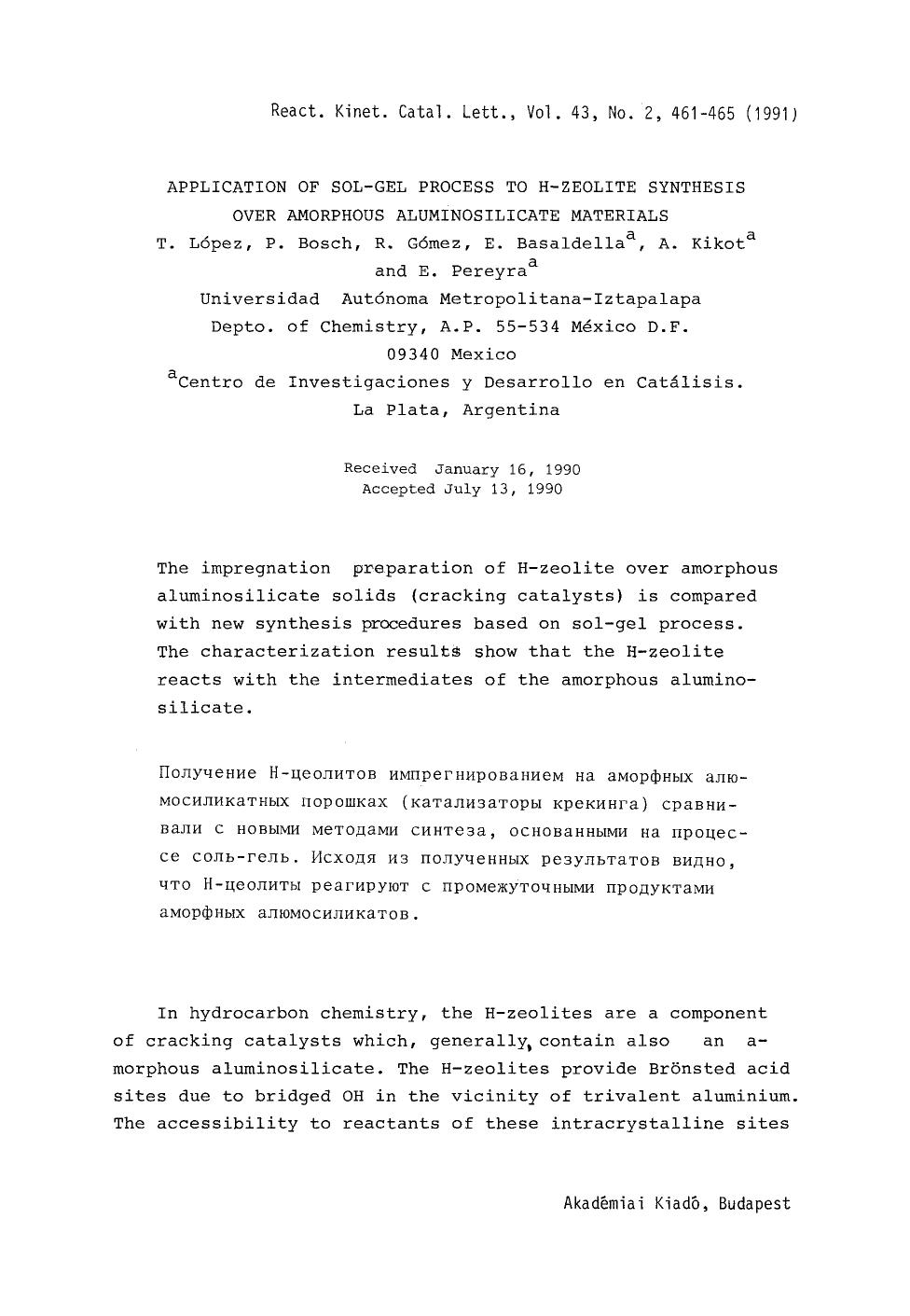 Application of sol-gel process to H-zeolite synthesis over amorphous aluminosilicate materials by Unknown