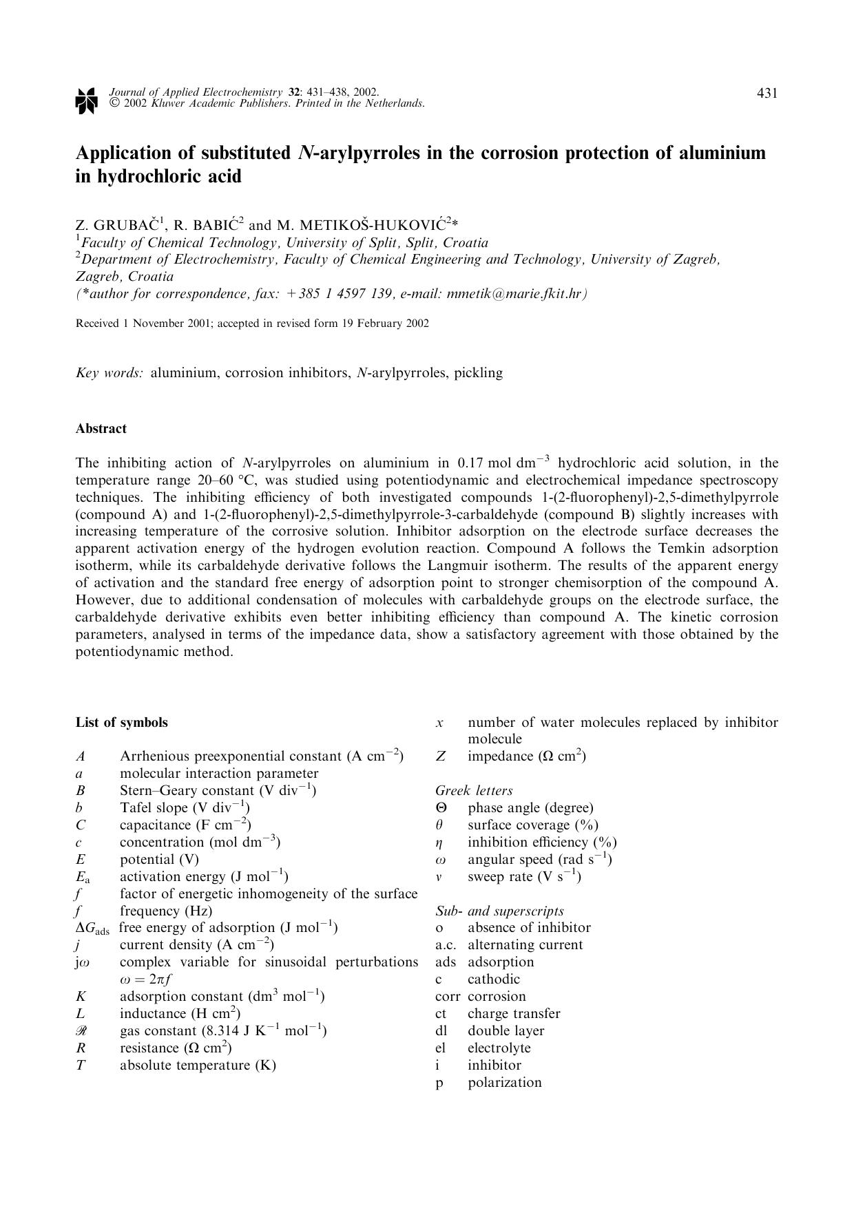 Application of substituted <Emphasis Type="Italic">N<Emphasis>-arylpyrroles in the corrosion protection of aluminium in hydrochloric acid by Unknown