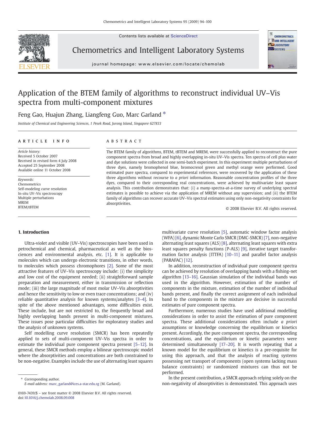 Application of the BTEM family of algorithms to reconstruct individual UVâVis spectra from multi-component mixtures by Feng Gao; Huajun Zhang; Liangfeng Guo; Marc Garland