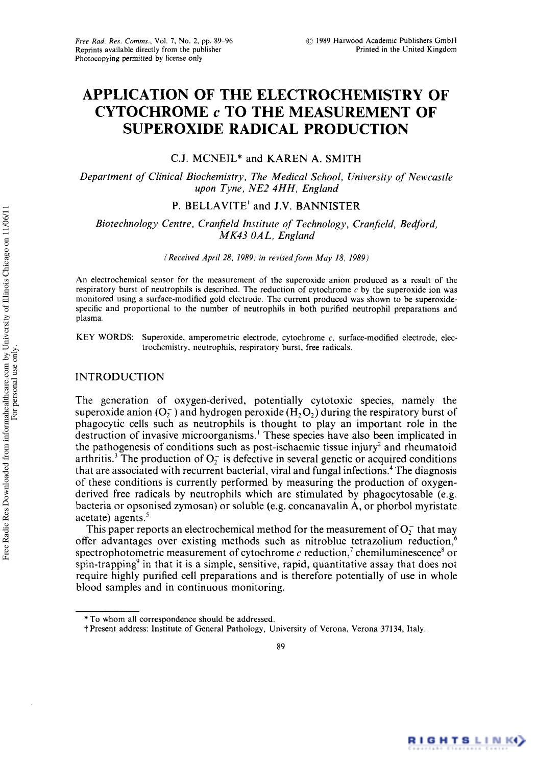 Application of the Electrochemistry of Cytochrome C to the Measurement of Superoxide Radical Production by C. J. McNeil1† Karen A. Smith1 P. Bellavite2† & J. V. Bannister2