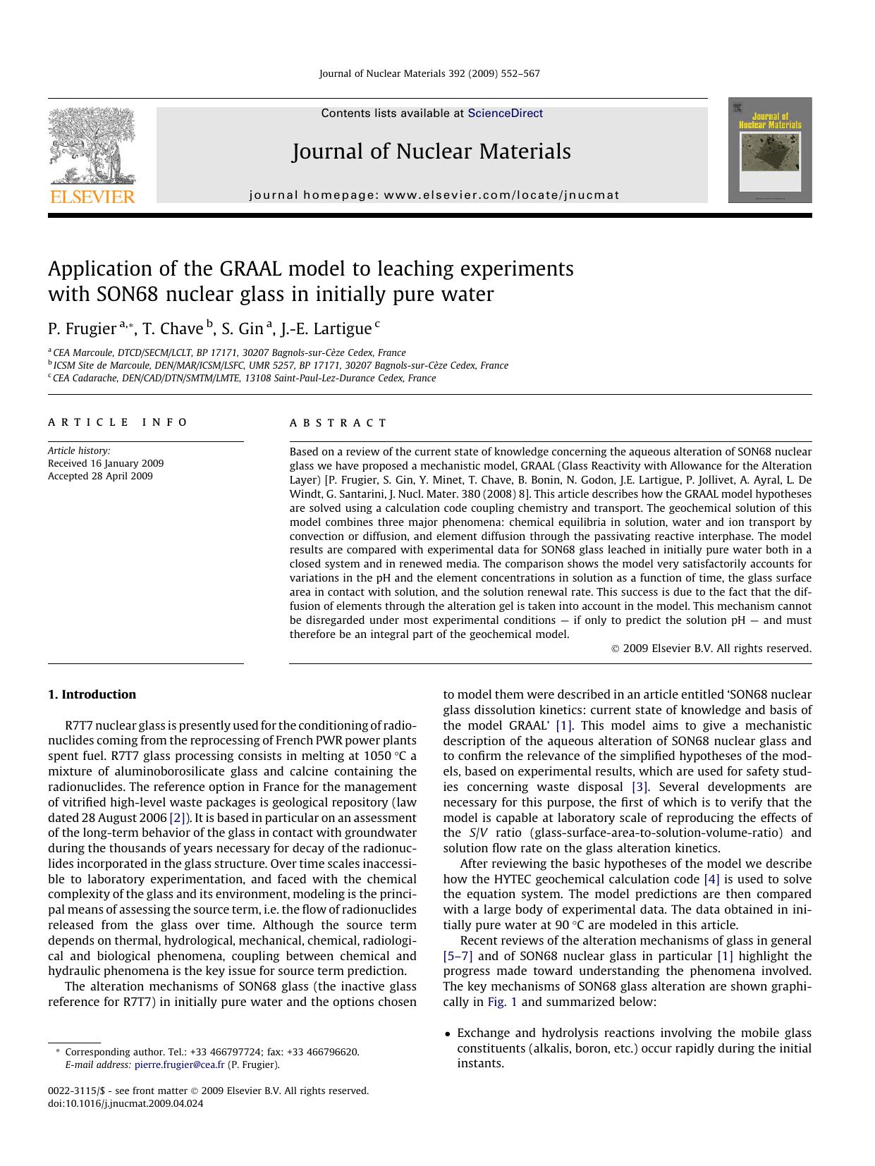 Application of the GRAAL model to leaching experiments with SON68 nuclear glass in initially pure water by P. Frugier; T. Chave; S. Gin; J.-E. Lartigue