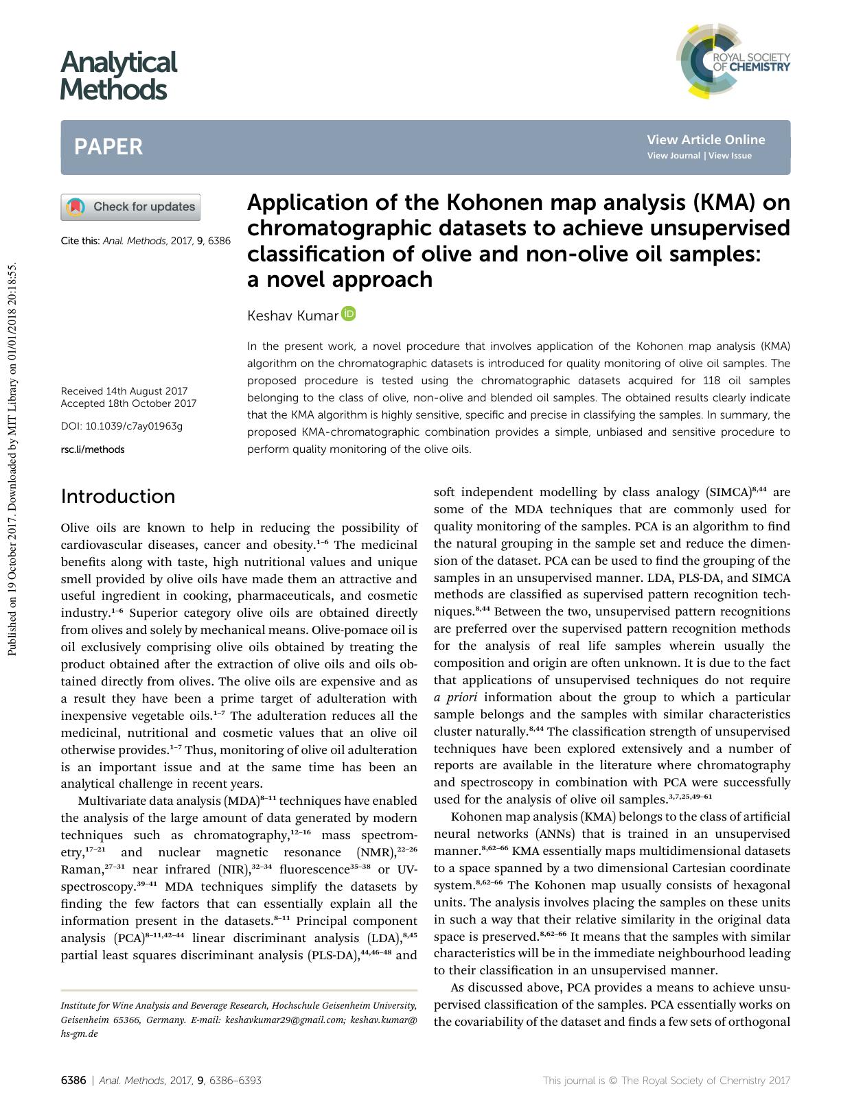 Application of the Kohonen map analysis (KMA) on chromatographic datasets to achieve unsupervised classification of olive and non-olive oil samples: a novel approach by Keshav Kumar