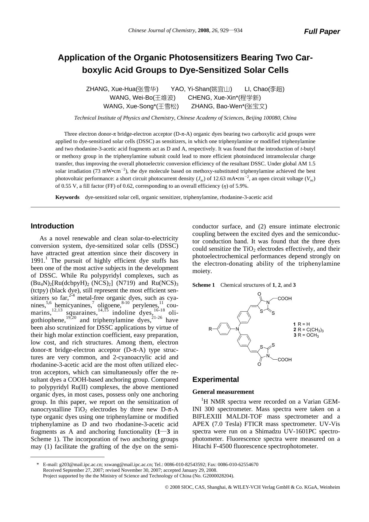 Application of the Organic Photosensitizers Bearing Two Carboxylic Acid Groups to Dye-Sensitized Solar Cells by uy