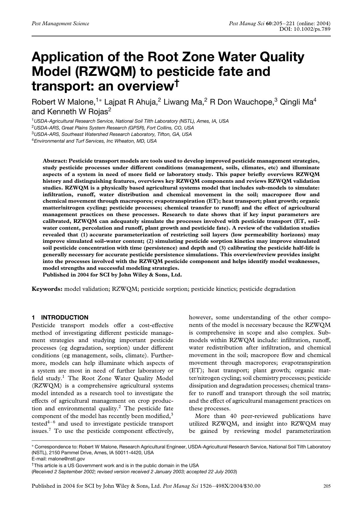 Application of the Root Zone Water Quality Model (RZWQM) to pesticide fate and transport: an overview by Unknown