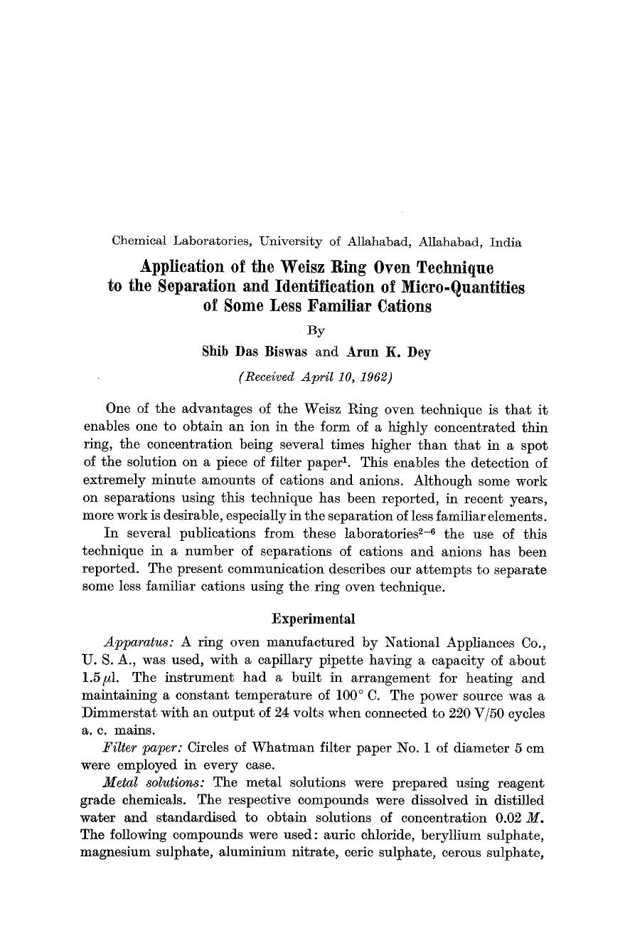 Application of the Weisz Ring oven technique to the separation and identification of micro-quantities of some less familiar cations by Unknown