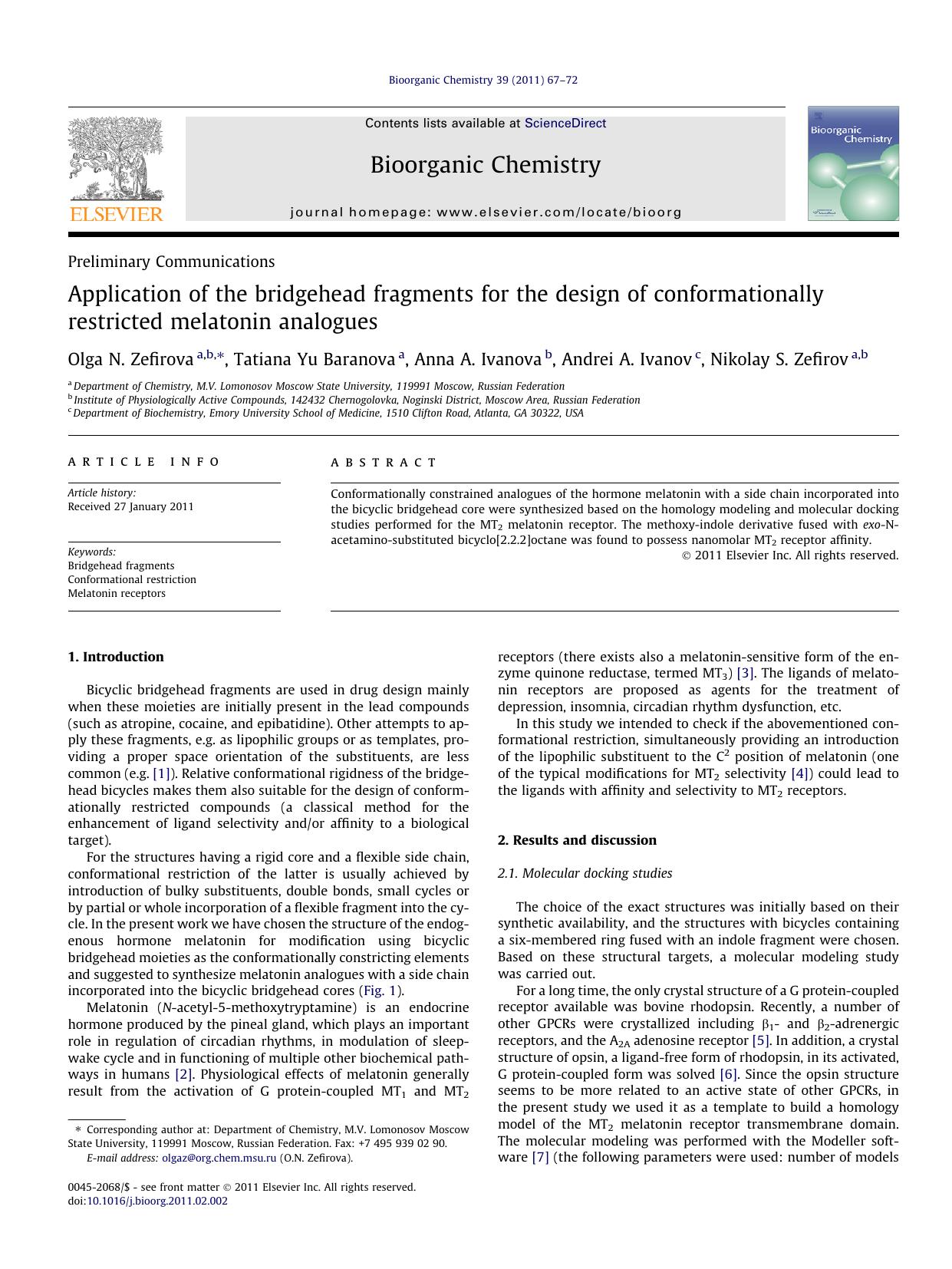 Application of the bridgehead fragments for the design of conformationally restricted melatonin analogues by Olga N. Zefirova & Tatiana Yu Baranova & Anna A. Ivanova & Andrei A. Ivanov & Nikolay S. Zefirov