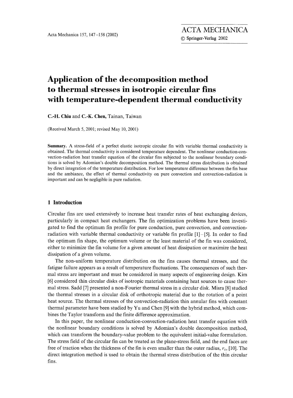 Application of the decomposition method to thermal stresses in isotropic circular fins with temperature-dependent thermal conductivity by Unknown