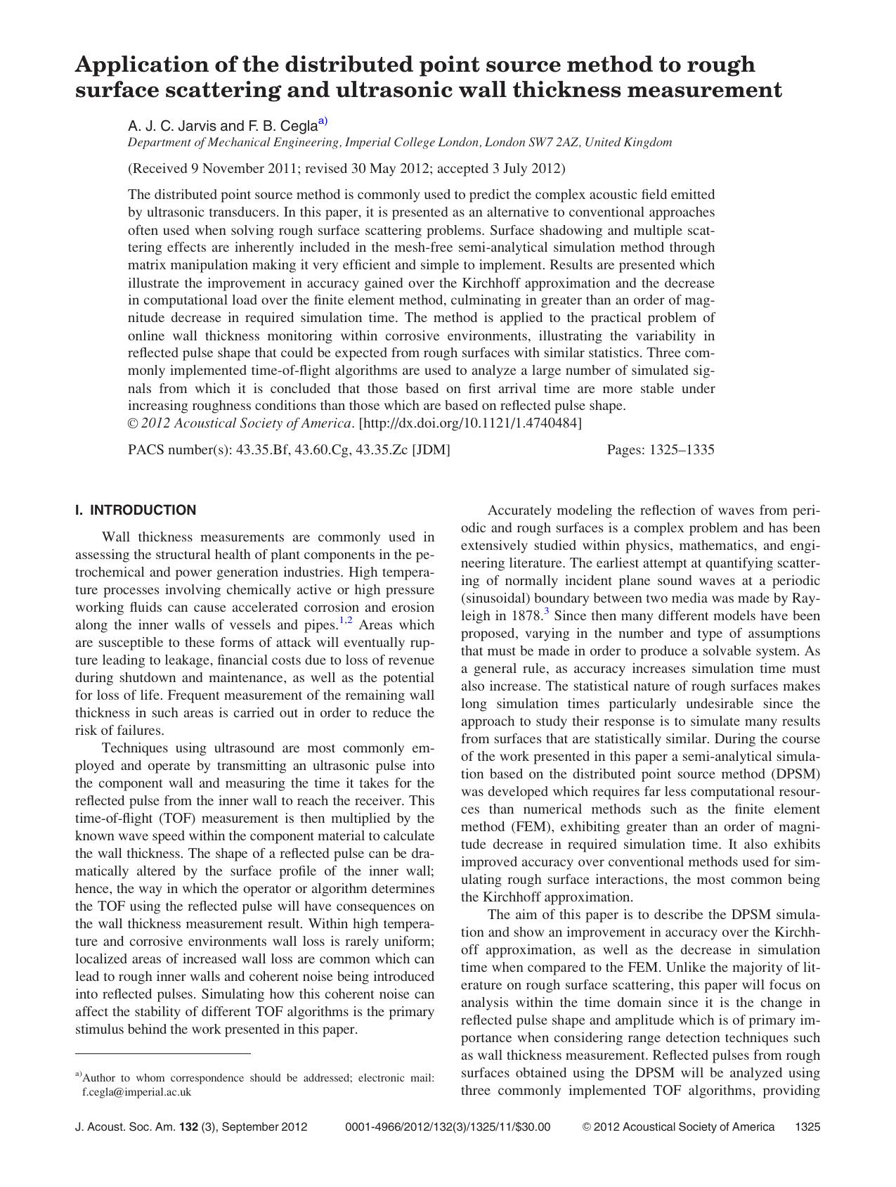 Application of the distributed point source method to rough surface scattering and ultrasonic wall thickness measurement by A. J. C. Jarvis and F. B. Ceglaa)