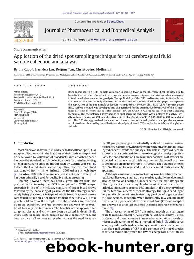 Application of the dried spot sampling technique for rat cerebrospinal fluid sample collection and analysis by Brian Rago