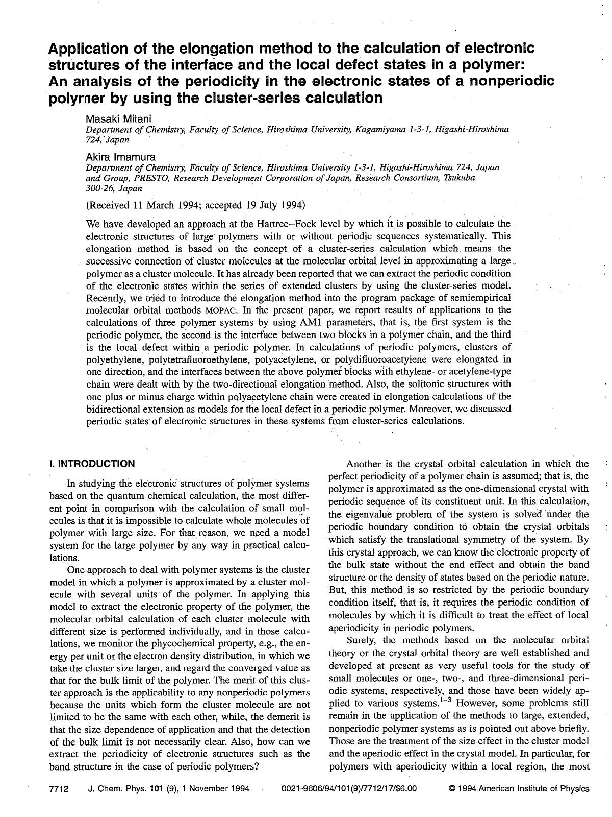 Application of the elongation method to the calculation of electronic structures of the interface and the local defect states in a polymer: An analysis of the periodicity in the el by Masaki Mitani; Akira Imamura