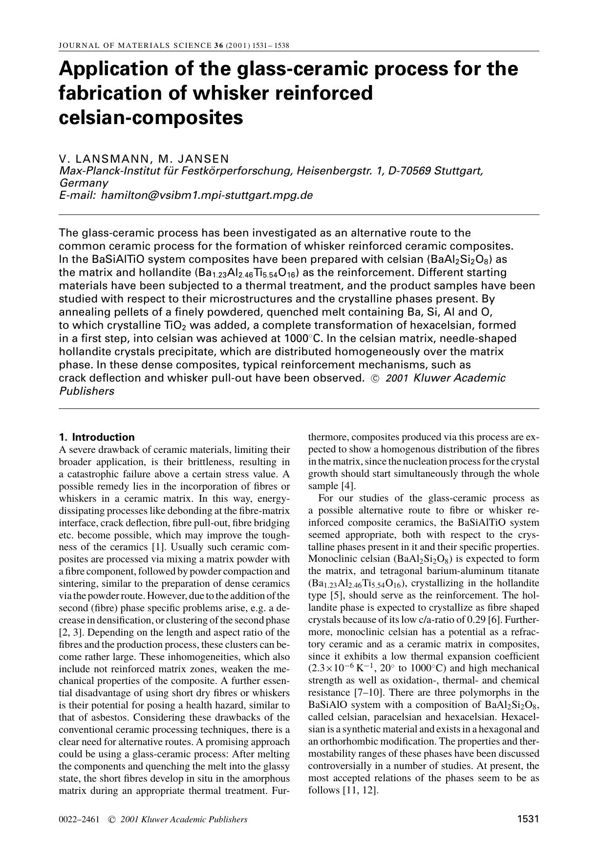 Application of the glass-ceramic process for the fabrication of whisker reinforced celsian-composites by Unknown