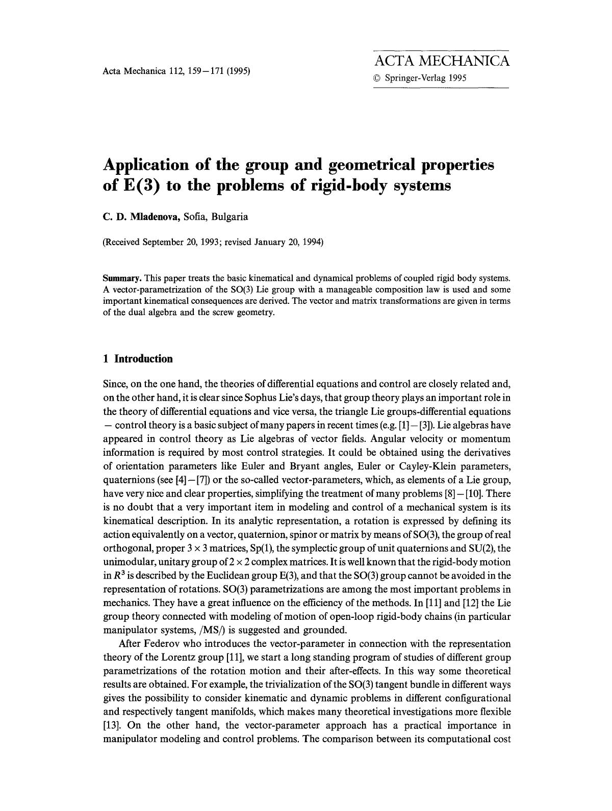Application of the group and geometrical properties of E(3) to the problems of rigid-body systems by Unknown