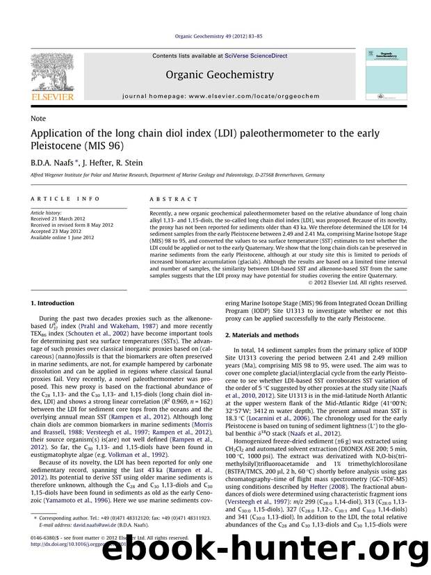 Application of the long chain diol index (LDI) paleothermometer to the early Pleistocene (MIS 96) by B.D.A. Naafs & J. Hefter & R. Stein