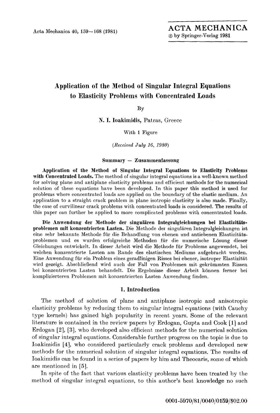 Application of the method of singular integral equations to elasticity problems with concentrated loads by Unknown