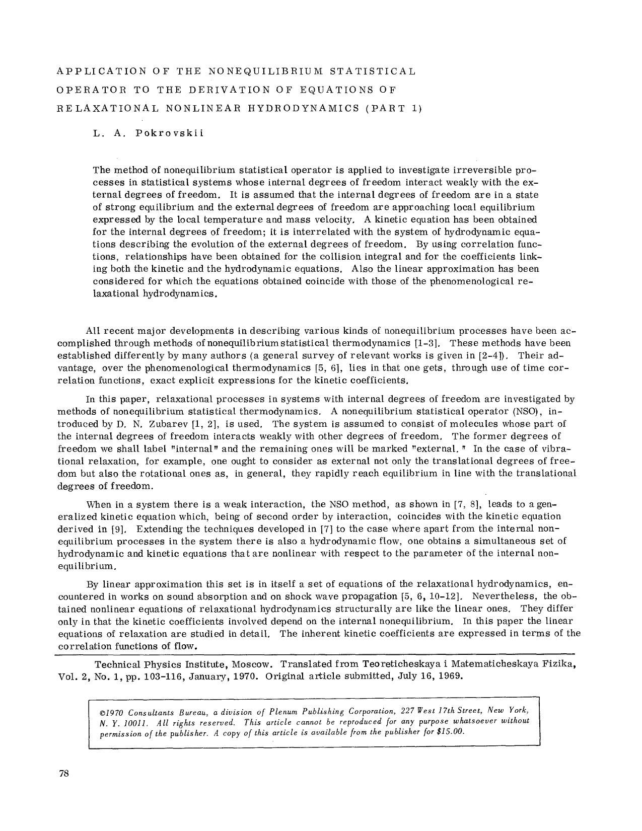 Application of the nonequilibrium statistical operator to the derivation of equations of relaxational nonlinear hydrodynamics (part 1) by Unknown