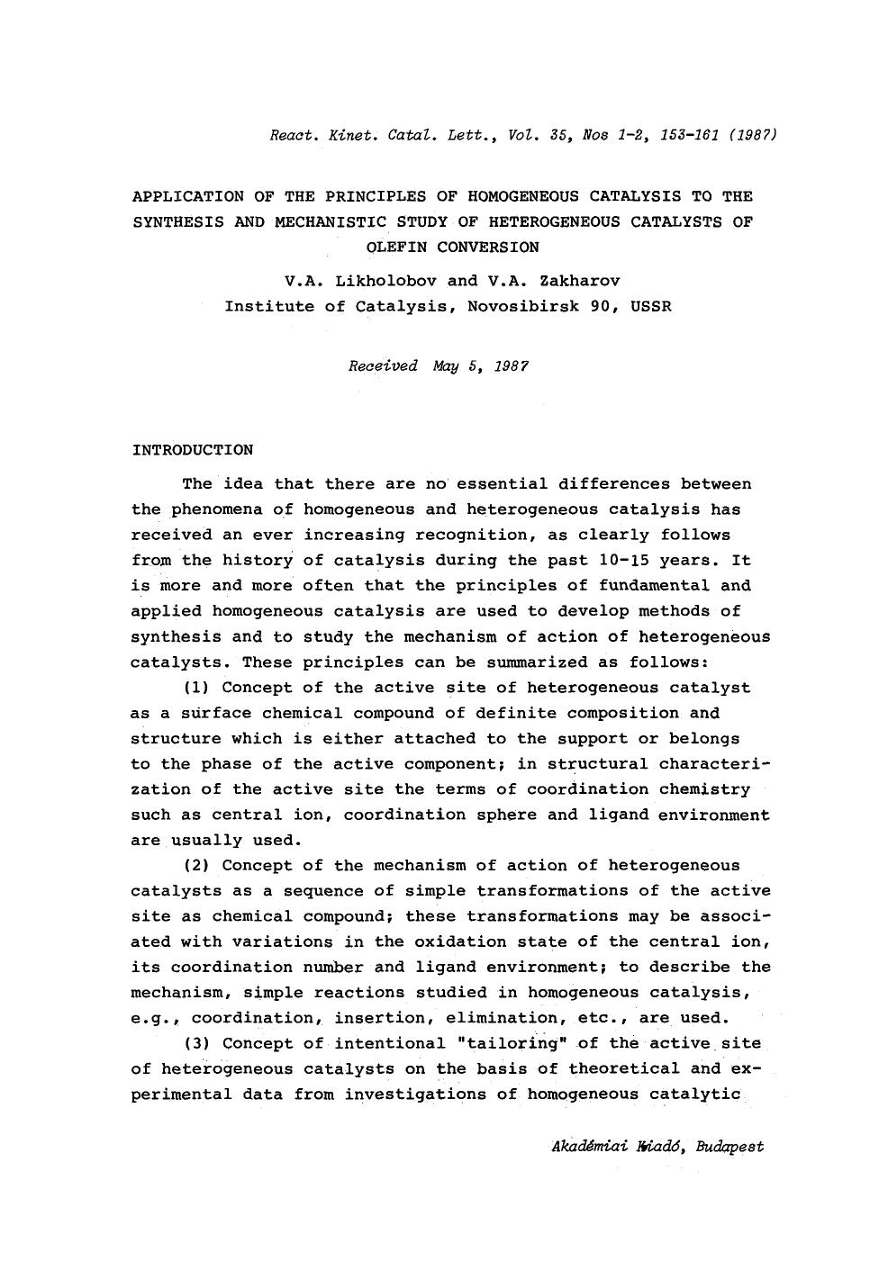 Application of the principles of homogeneous catalysis to the synthesis and mechanistic study of heterogeneous catalysts of olefin conversion by Unknown