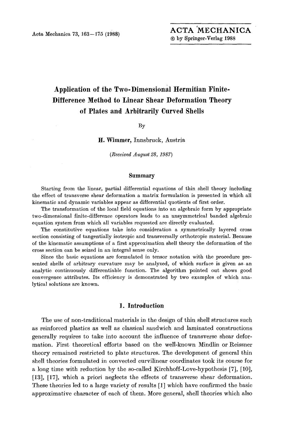 Application of the two-dimensional Hermitian finite difference method to linear shear deformation theory of plates and arbitrarily curved shells by Unknown
