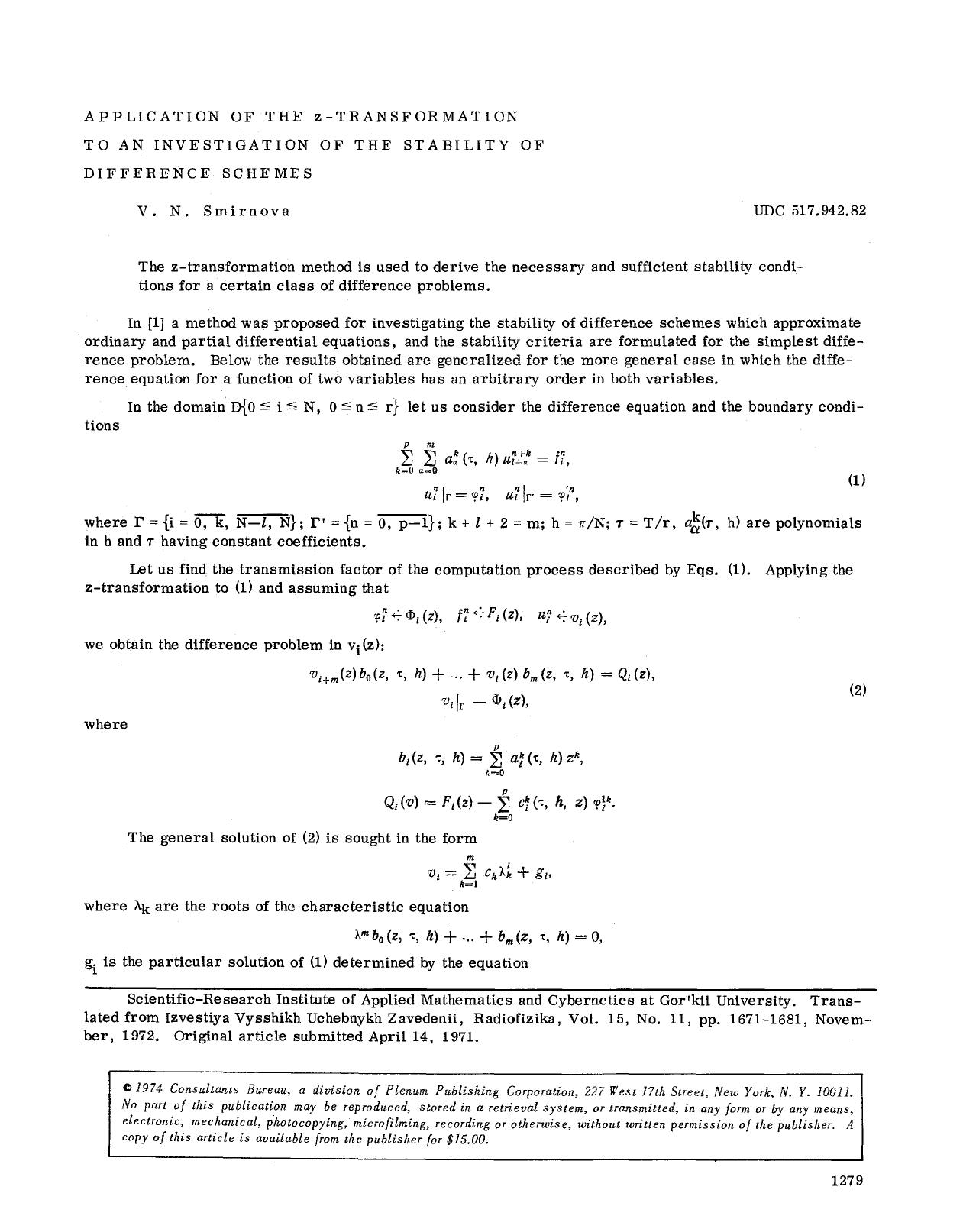 Application of the z-transformation to an investigation of the stability of difference schemes by Unknown