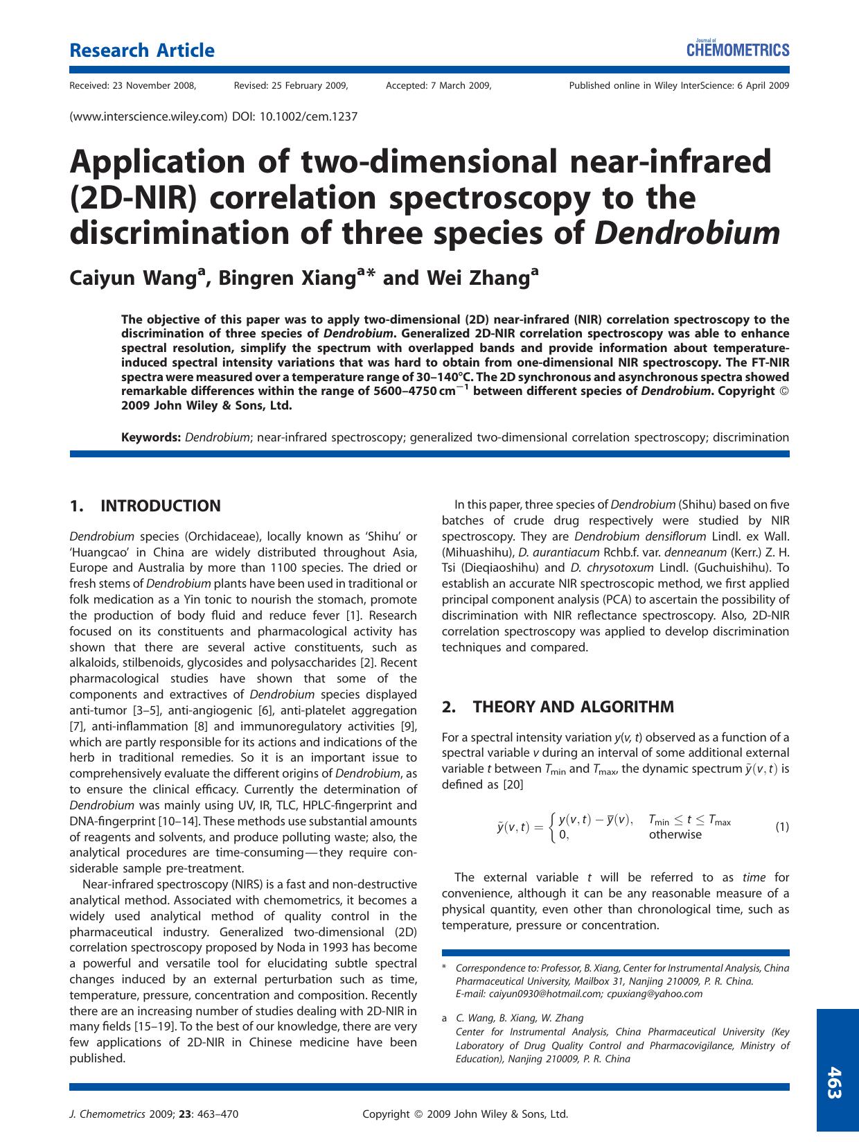 Application of two-dimensional near-infrared (2D-NIR) correlation spectroscopy to the discrimination of three species of Dendrobium by Unknown