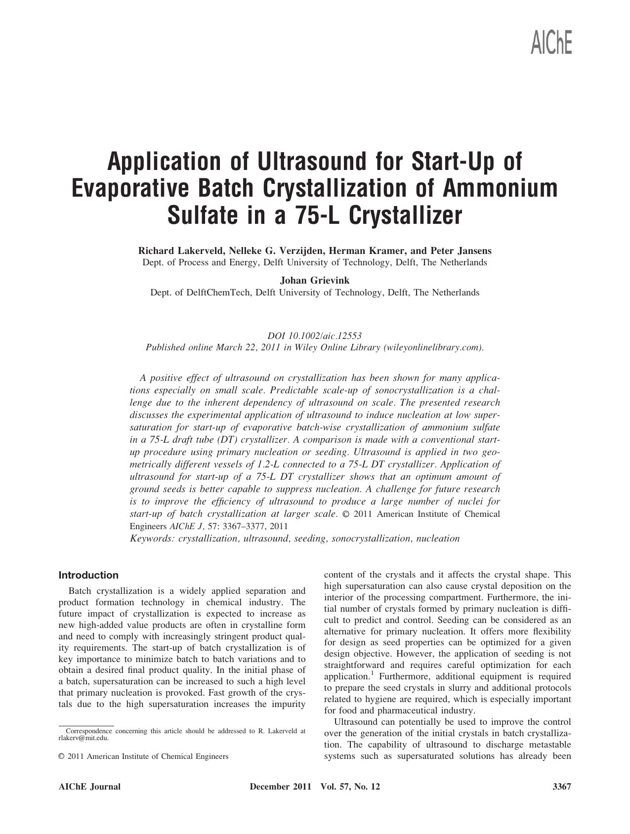 Application of ultrasound for startup of evaporative batch crystallization of ammonium sulfate in a 75L crystallizer by Unknown