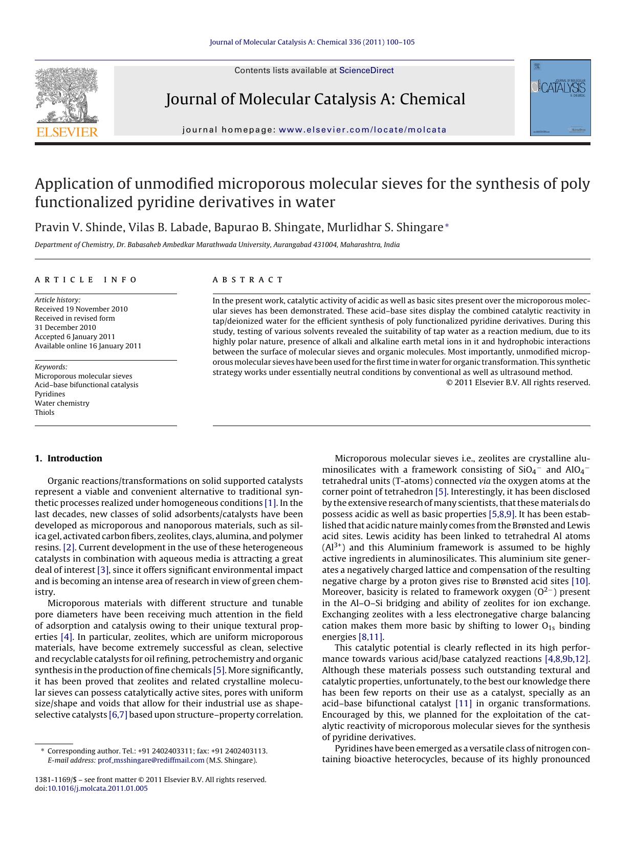 Application of unmodified microporous molecular sieves for the synthesis of poly functionalized pyridine derivatives in water by Pravin V. Shinde