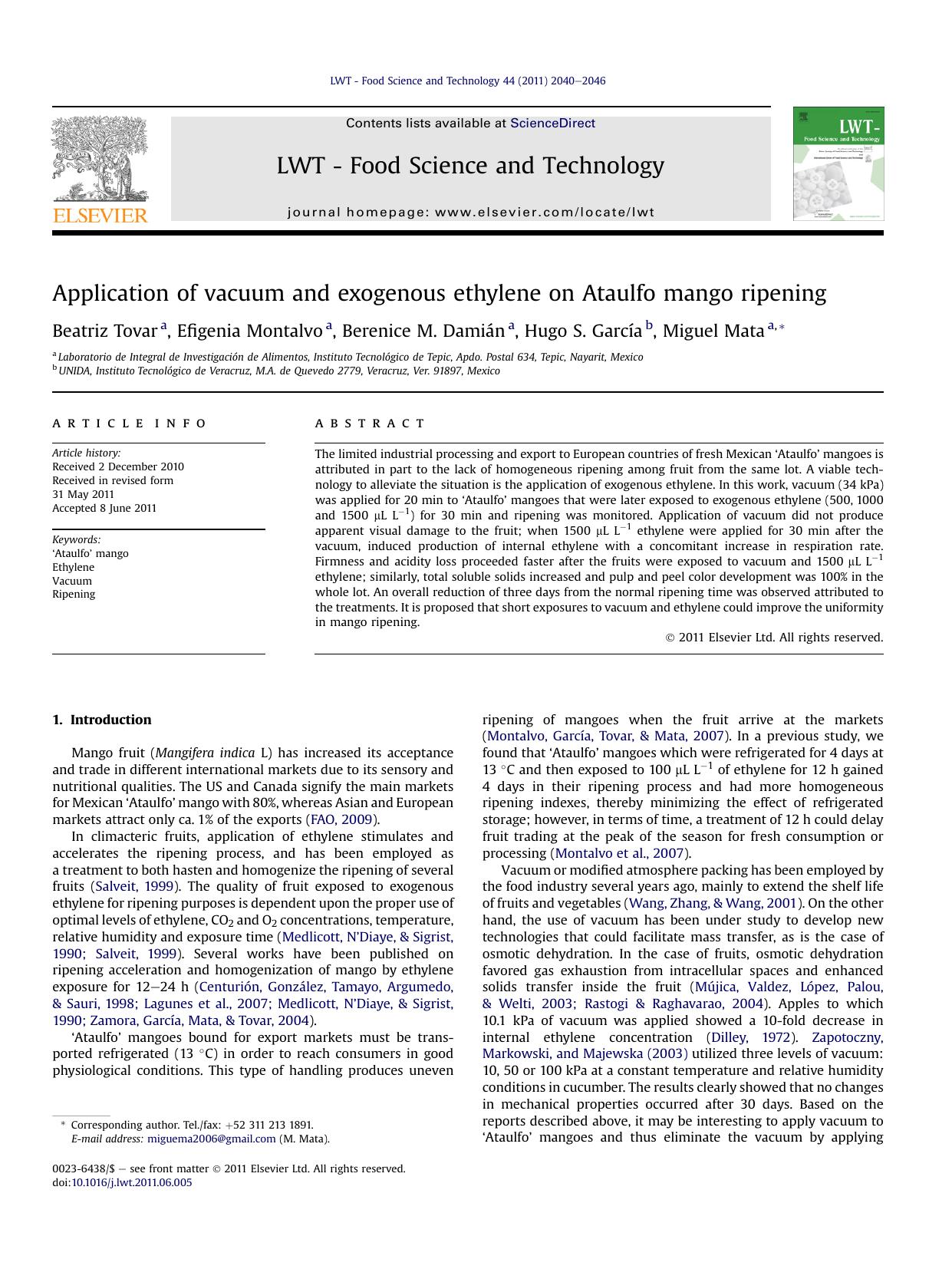 Application of vacuum and exogenous ethylene on Ataulfo mango ripening by Beatriz Tovar & Efigenia Montalvo & Berenice M. Damián & Hugo S. García & Miguel Mata