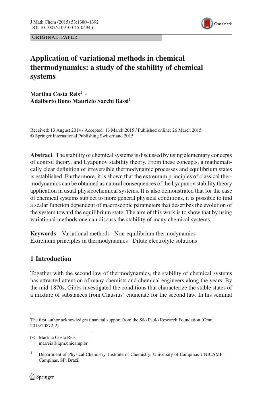 Application of variational methods in chemical thermodynamics: a study of the stability of chemical systems by Martina Costa Reis & Adalberto Bono Maurizio Sacchi Bassi
