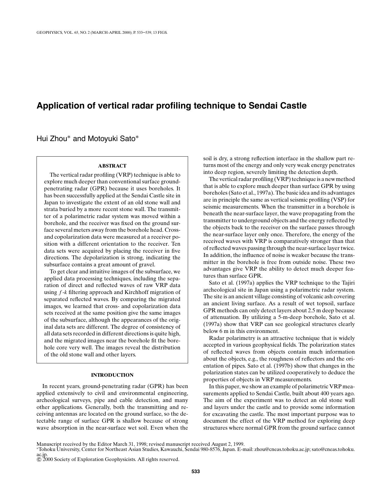 Application of vertical radar profiling technique to Sendai Castle by H. Zhou M. Sato