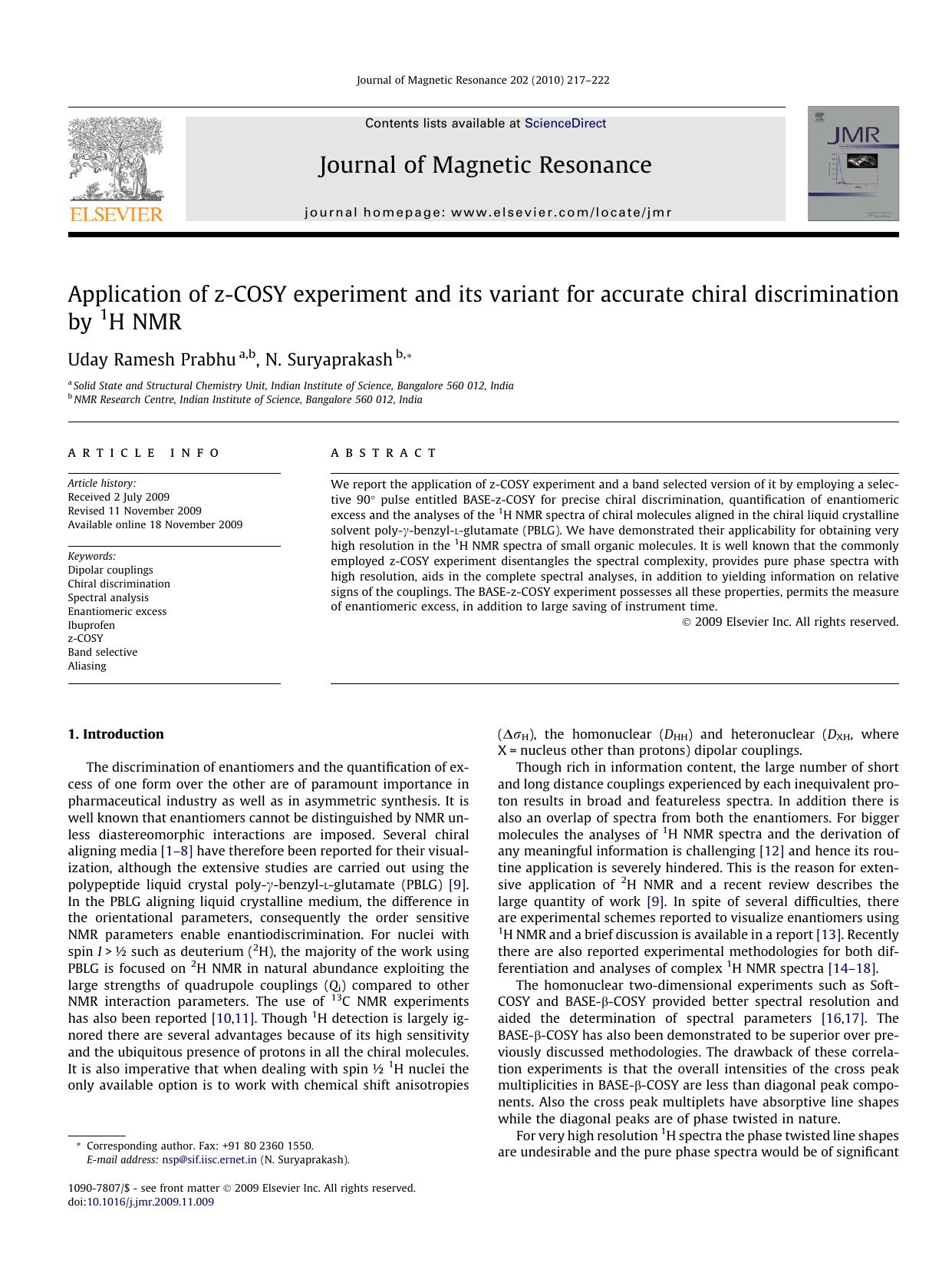 Application of z-COSY experiment and its variant for accurate chiral discrimination by 1H NMR by Uday Ramesh Prabhu; N. Suryaprakash