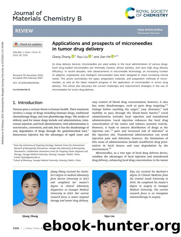 Applications and prospects of microneedles in tumor drug delivery by Qiang Zhang & Xiyu Liu & Jian He