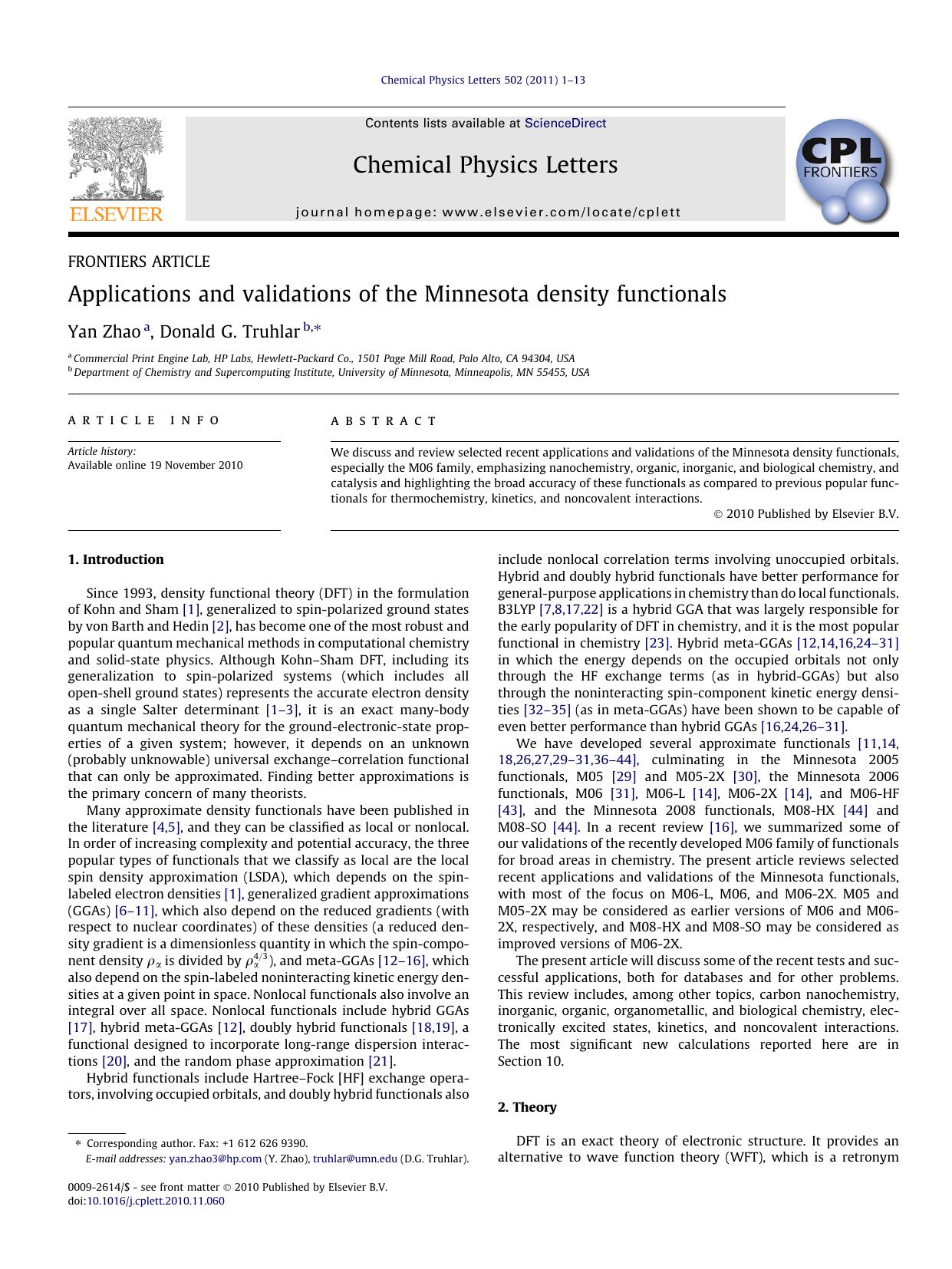 Applications and validations of the Minnesota density functionals by Yan Zhao & Donald G. Truhlar