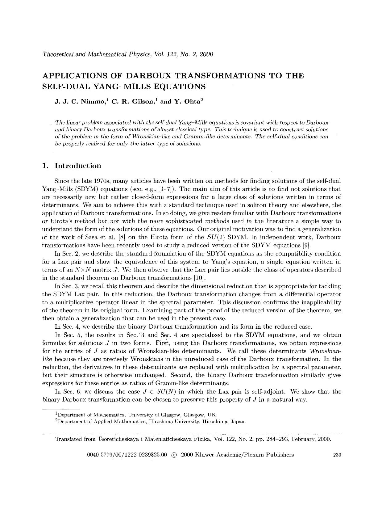 Applications of Darboux transformations to the self-dual Yang-Mills equations by Unknown