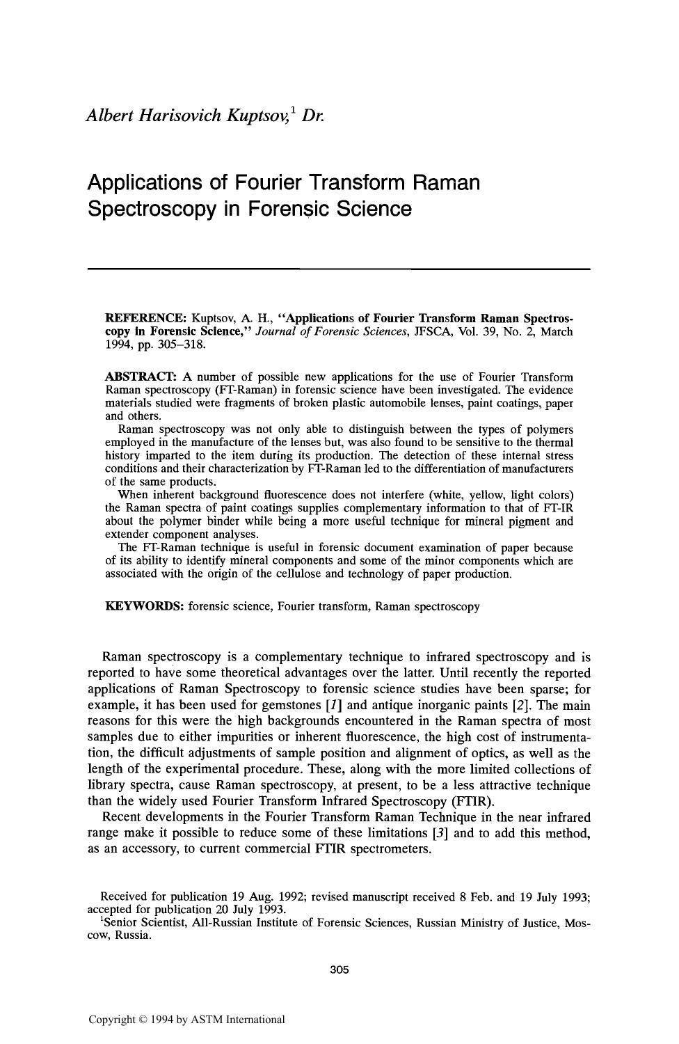 Applications of Fourier Transform Raman Spectroscopy in Forensic Science by Kuptsov AH