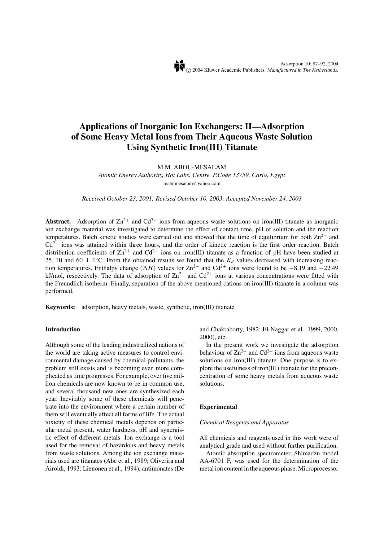Applications of Inorganic Ion Exchangers: II&#x2014;Adsorption of Some Heavy Metal Ions from Their Aqueous Waste Solution Using Synthetic Iron(III) Titanate by Unknown