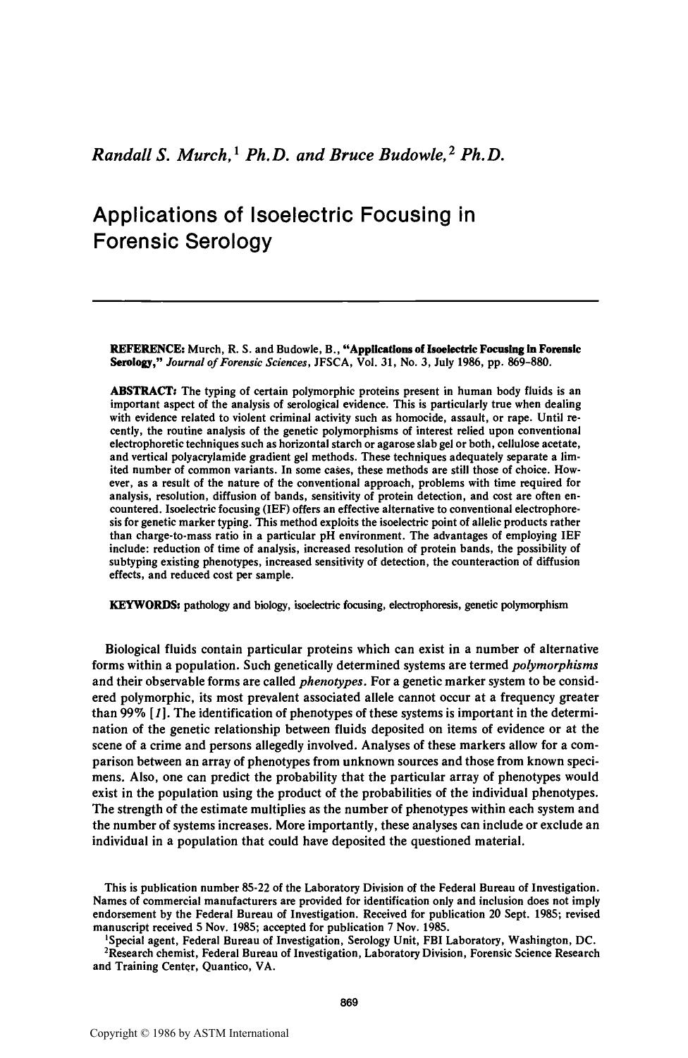 Applications of Isoelectric Focusing in Forensic Serology by Murch RS Budowle B