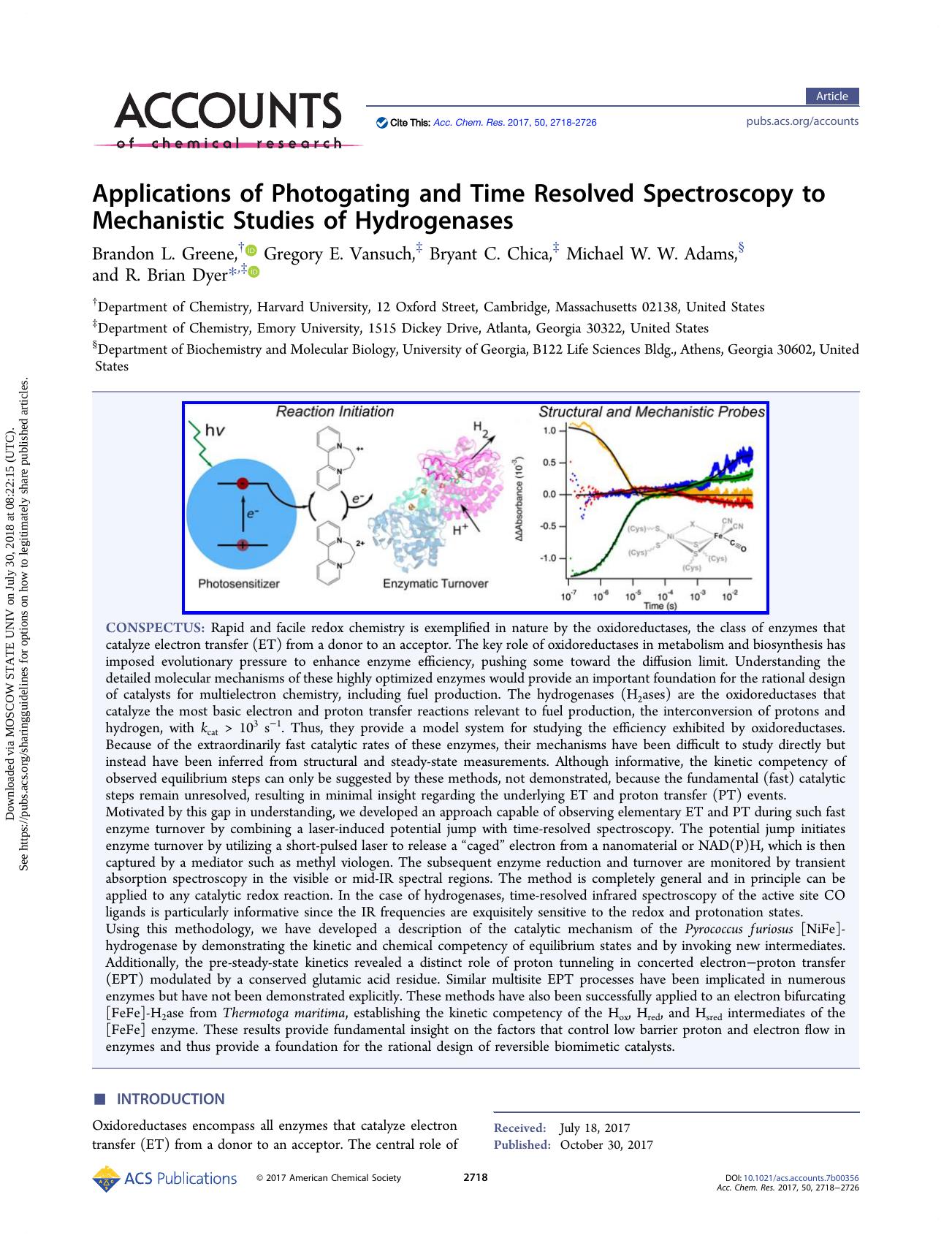 Applications of Photogating and Time Resolved Spectroscopy to Mechanistic Studies of Hydrogenases by Brandon L. Greene Gregory E. Vansuch Bryant C. Chica Michael W. W. Adams & R. Brian Dyer