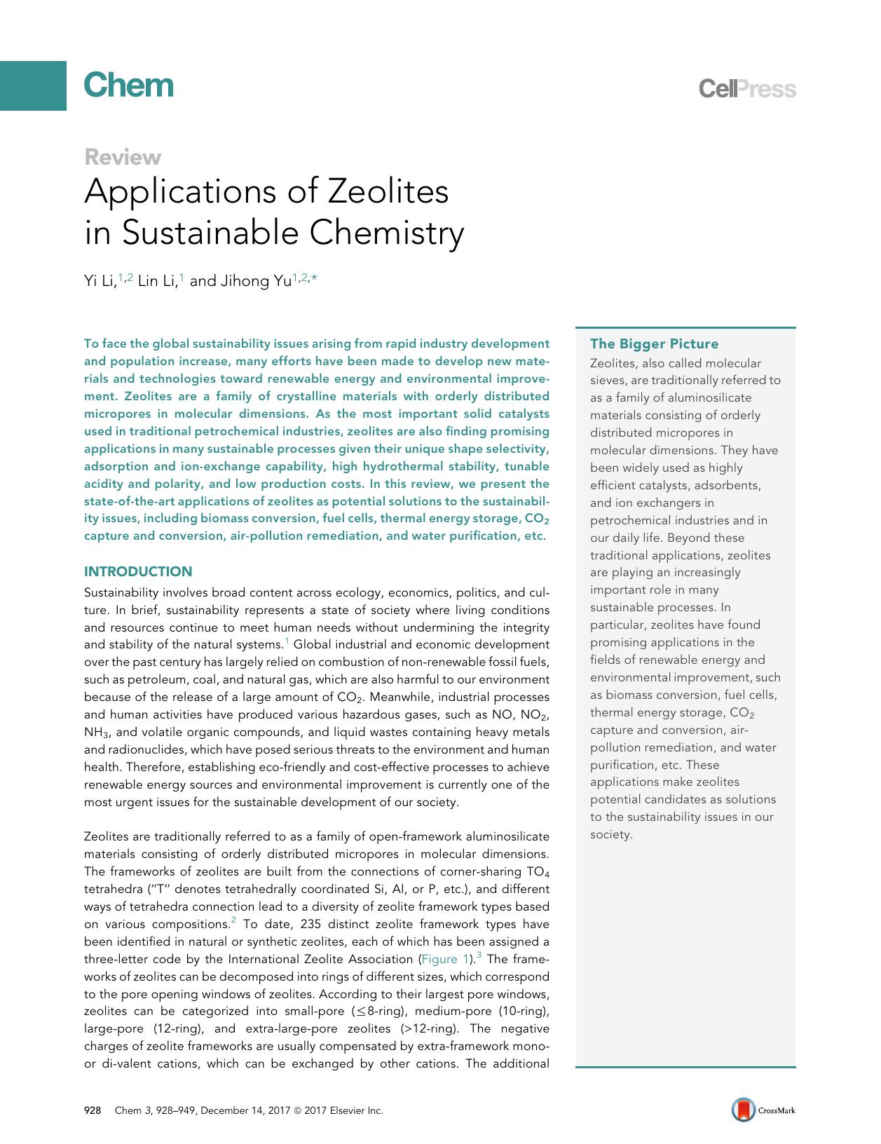 Applications of Zeolites in Sustainable Chemistry by Yi Li
