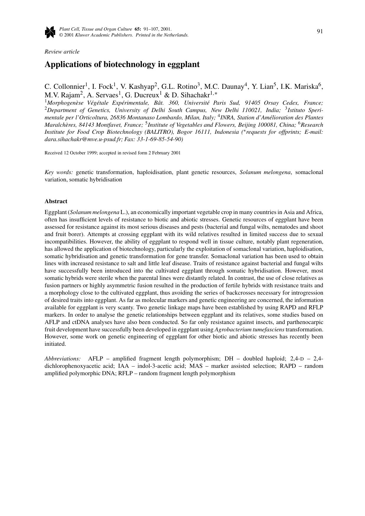 Applications of biotechnology in eggplant by Unknown