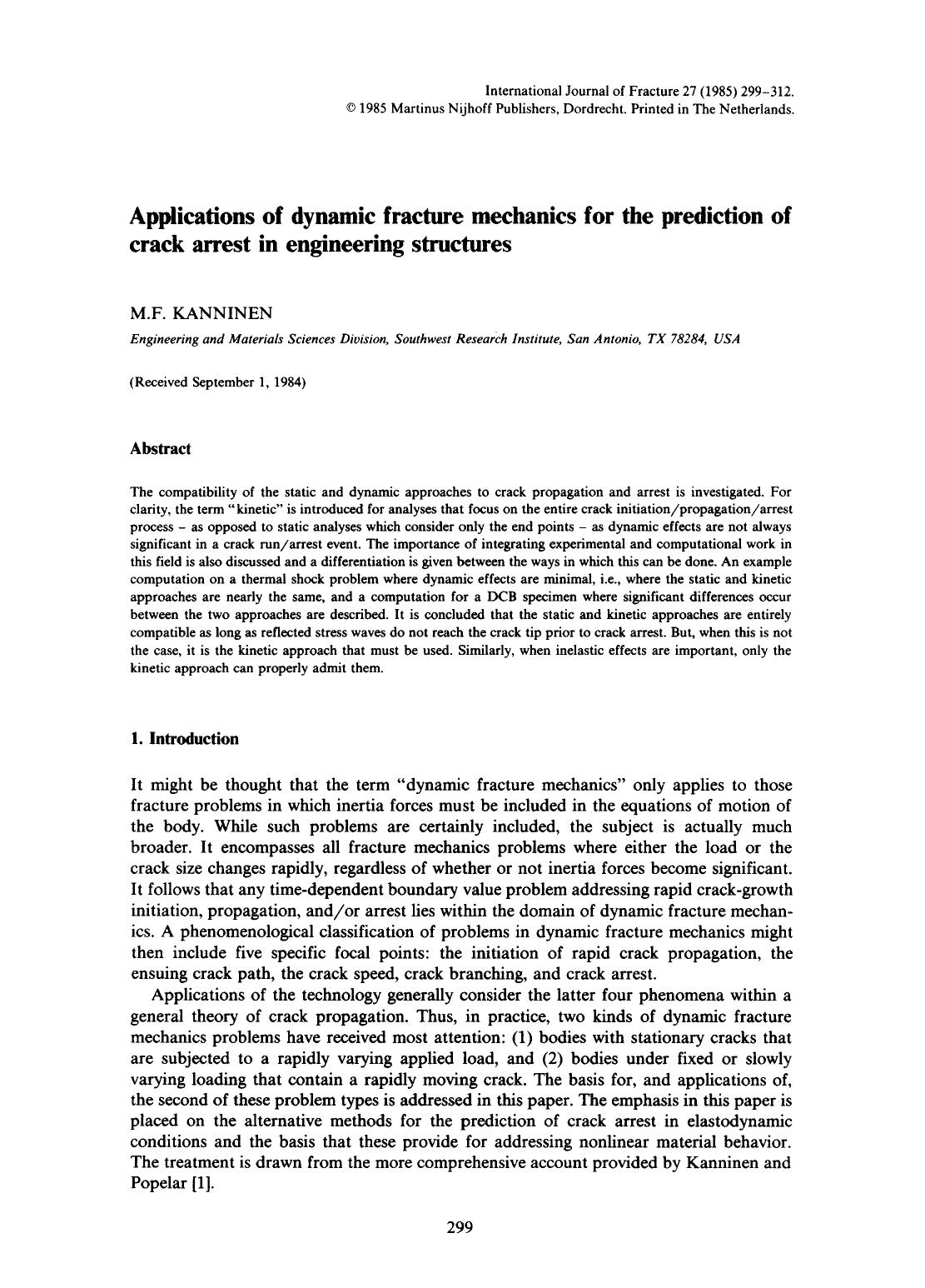Applications of dynamic fracture mechanics for the prediction of crack arrest in engineering structures by Unknown
