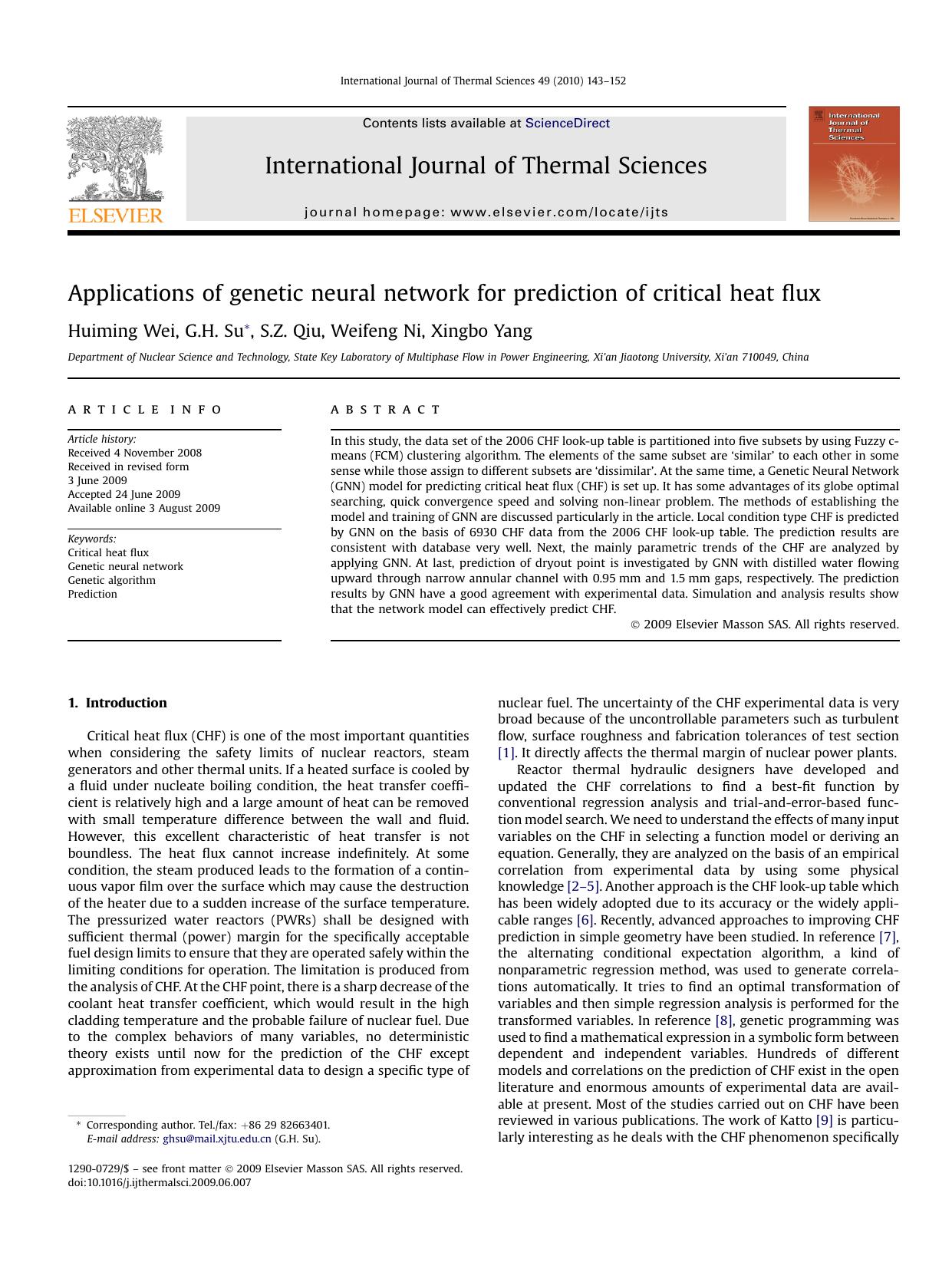 Applications of genetic neural network for prediction of critical heat flux by Huiming Wei; G.H. Su; S.Z. Qiu; Weifeng Ni; Xingbo Yang