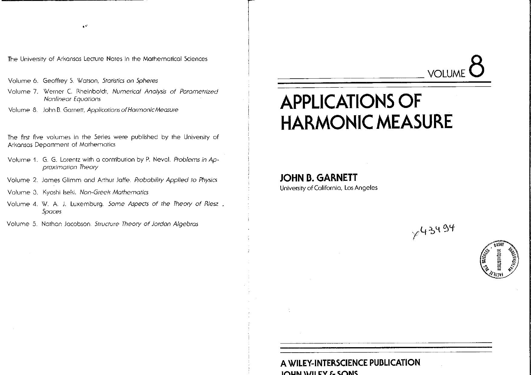 Applications of harmonic measure by John Garnett