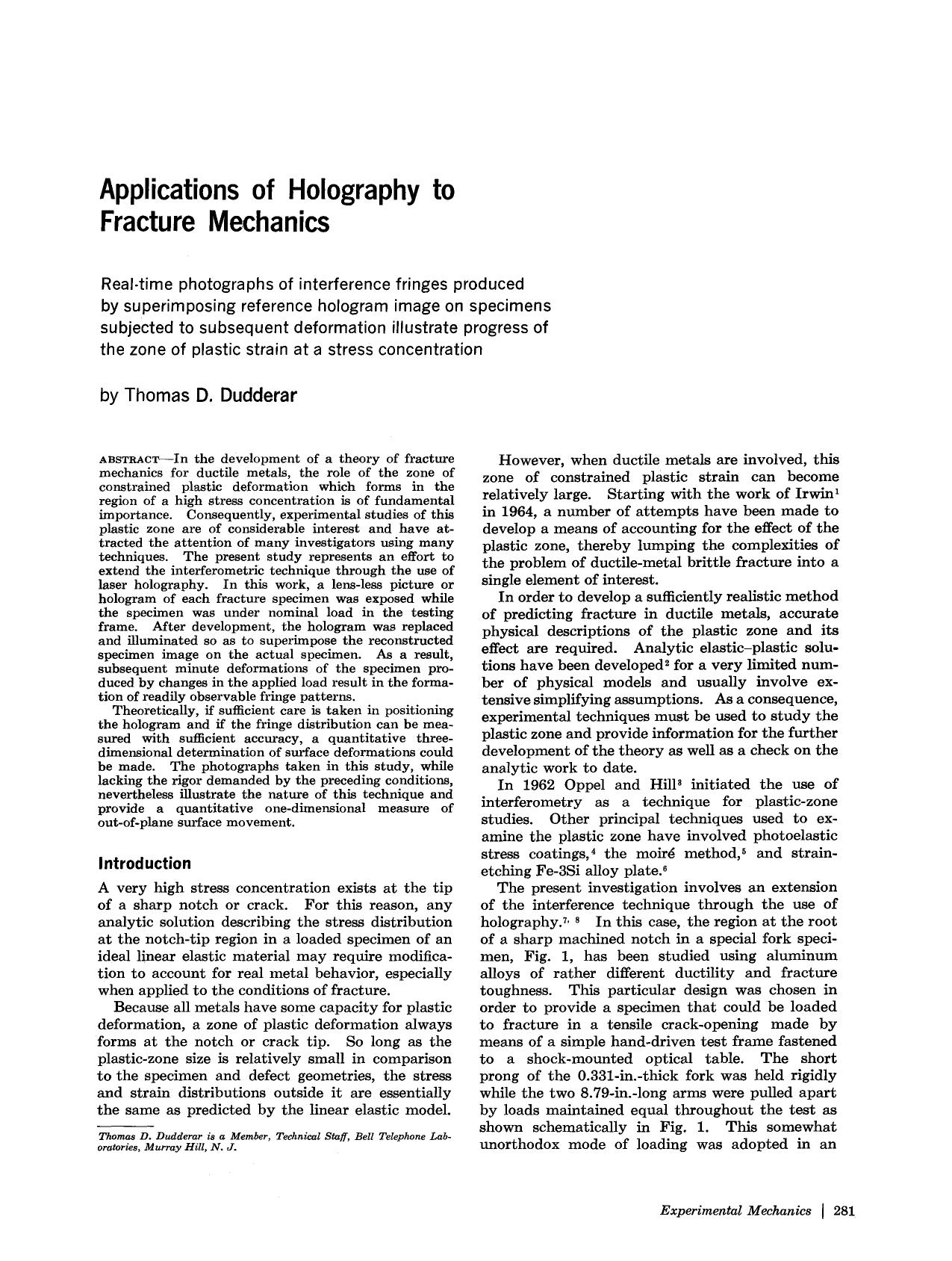 Applications of holography to fracture mechanics by Unknown