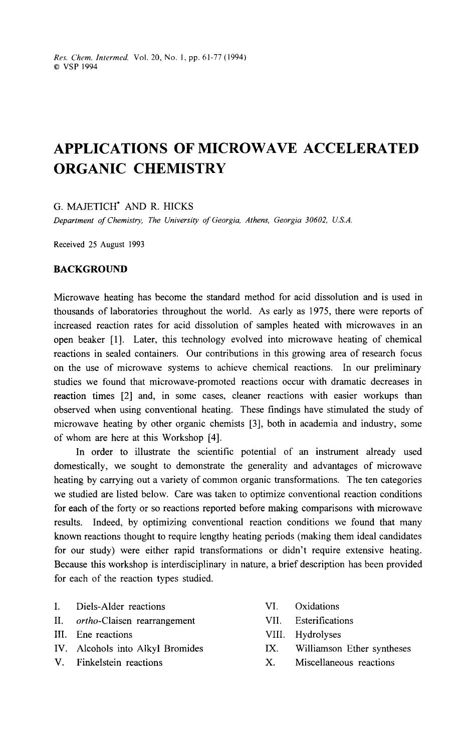 Applications of microwave accelerated organic chemistry by Unknown