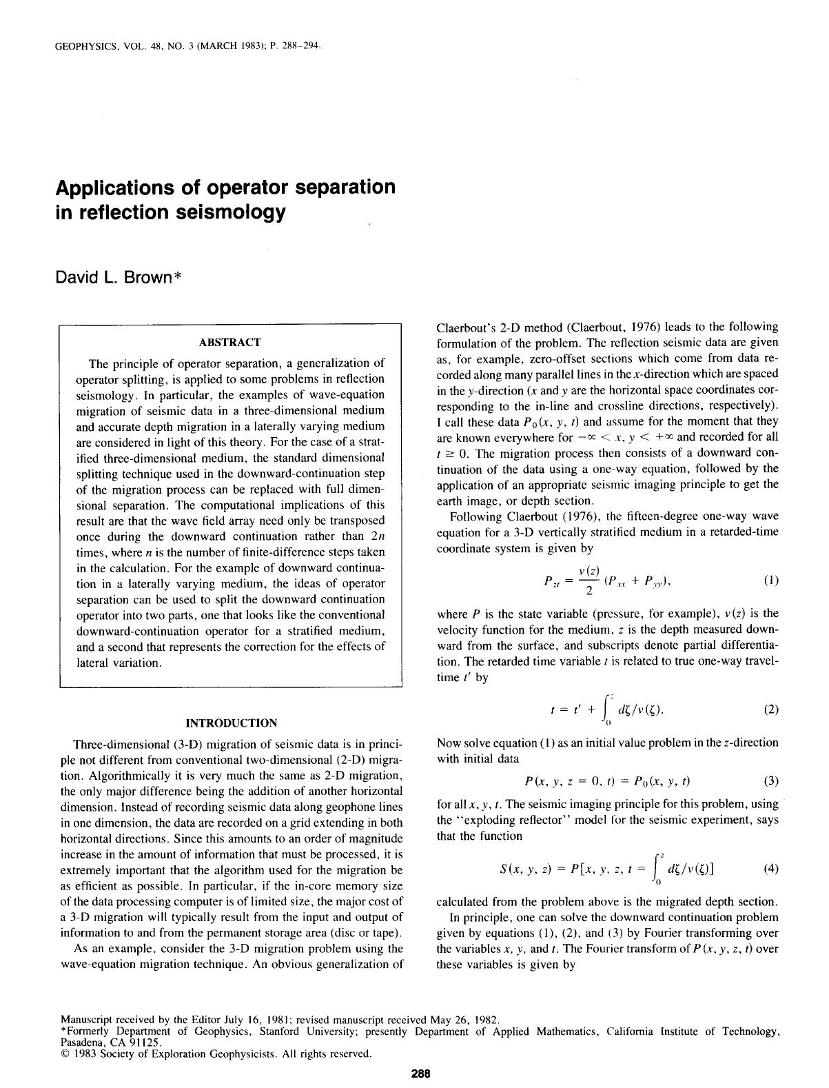 Applications of operator separation in reflection seismology by Brown D. L