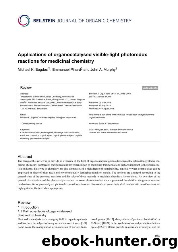 Applications of organocatalysed visible-light photoredox reactions for medicinal chemistry by Michael K. Bogdos Emmanuel Pinard John A. Murphy