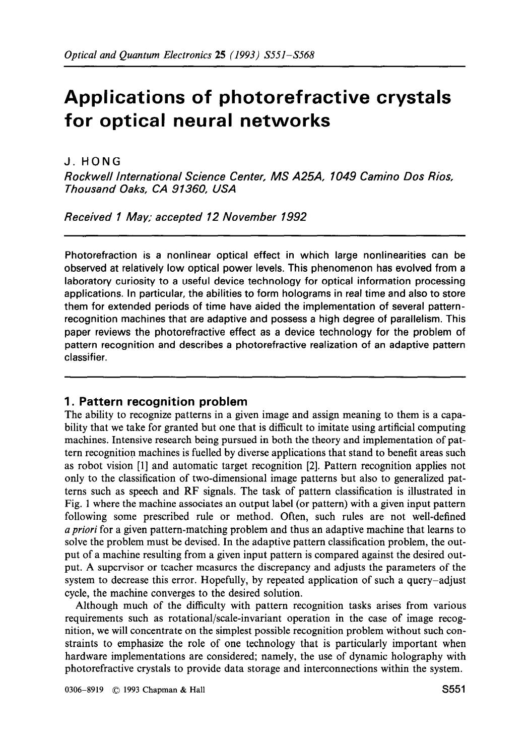 Applications of photorefractive crystals for optical neural networks by Unknown