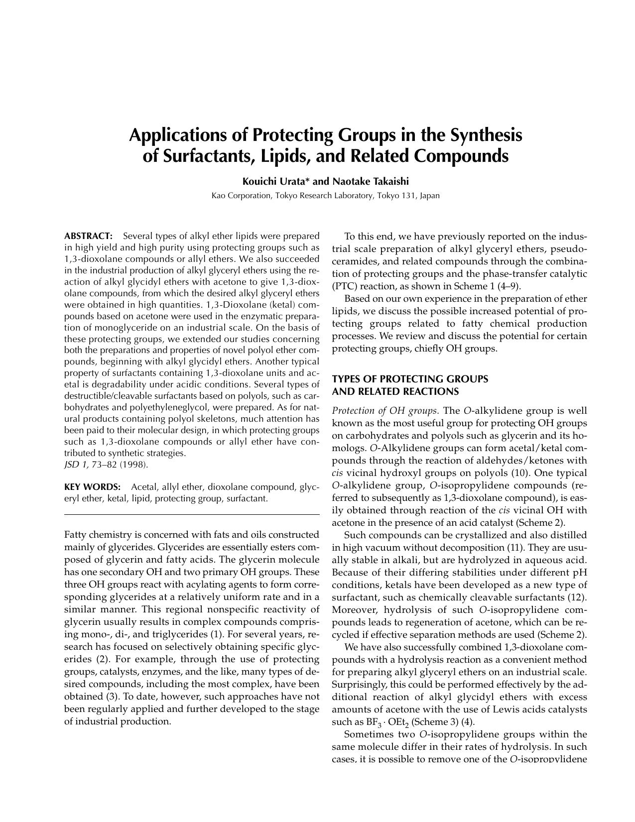 Applications of protecting groups in the synthesis of surfactants, lipids, and related compounds by Unknown