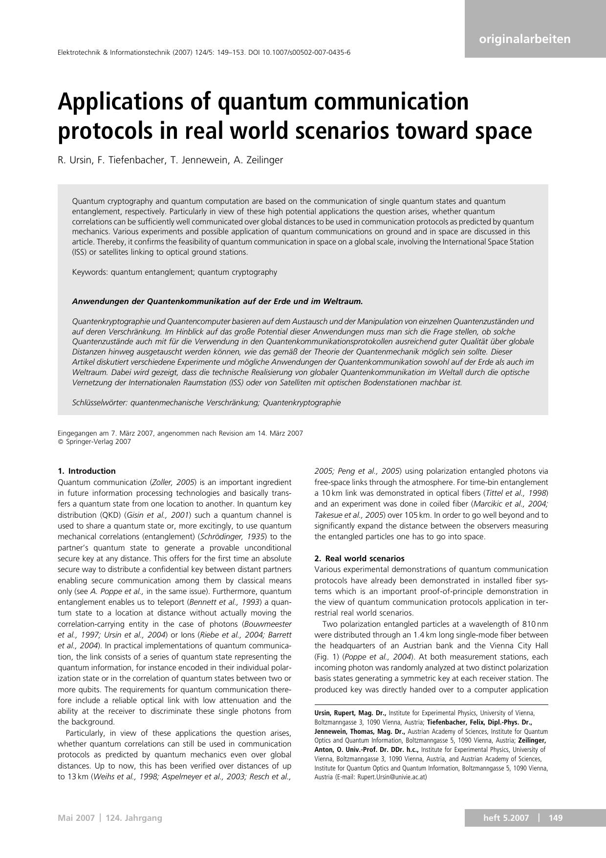 Applications of quantum communication protocols in real world scenarios (2007) by Unknown