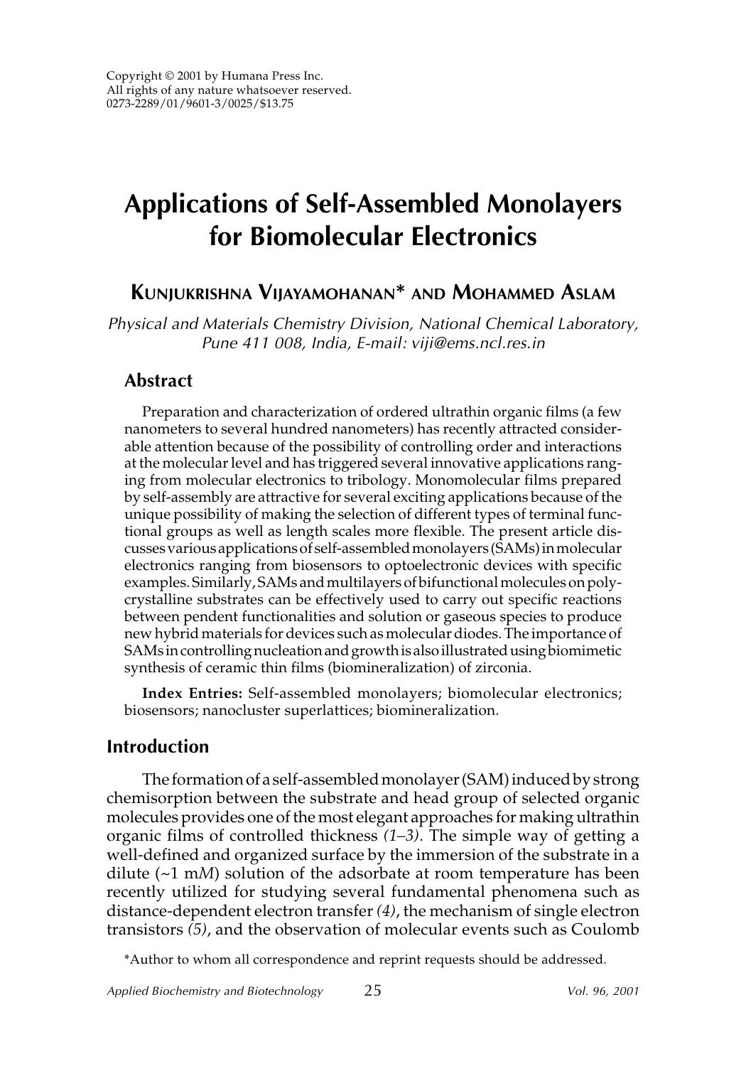 Applications of self-assembled monolayers for biomolecular electronics by Unknown